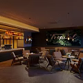 Tropical Café Interior Design With Wooden Tables Green Plants Pendant Lights And Bar Counter