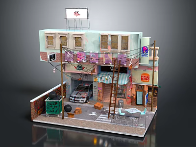 Cartoon Style Street Corner Scene With Two Story Building Billboards Parked Car And Colorful Clothesline 3d model