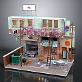Cartoon Style Street Corner Scene With Two Story Building Billboards Parked Car And Colorful Clothesline