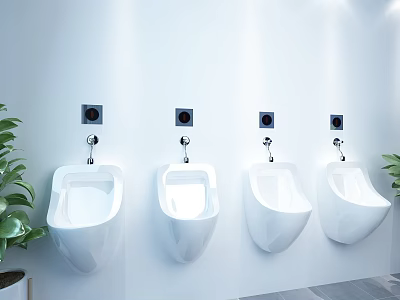 Clean Modern Bathroom Interior With Four Wall Mounted White Urinals And Green Plant 3d model