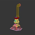 Metal Stove Structure With Tall Chimney And Red Base Stand