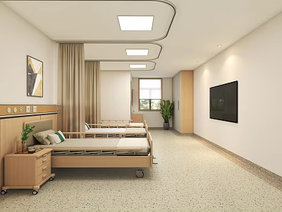Hospital Outpatient Clinic Ward Interior With Beds Curtains And TV 3d model