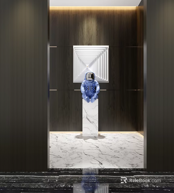 Decorative Ornament Set With Blue Astronaut Figurine On White Marble Pedestal And Dark Wood Wall 3d model 