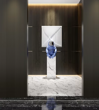 Decorative Ornament Set With Blue Astronaut Figurine On White Marble Pedestal And Dark Wood Wall 3d model