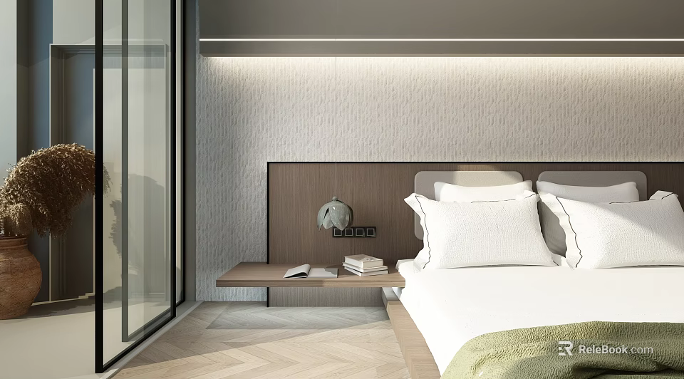 Hotel Guest Room Interior With Textured Wall Wooden Headboard Nightstand Books Table Lamp And Herringbone Floor 3d model 