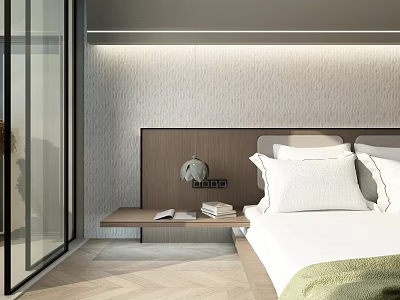 Hotel Guest Room Interior With Textured Wall Wooden Headboard Nightstand Books Table Lamp And Herringbone Floor 3d model