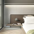 Hotel Guest Room Interior With Textured Wall Wooden Headboard Nightstand Books Table Lamp And Herringbone Floor
