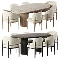 Modern Upholstered Dining Chairs With Wooden Legs And Oval Marble Tabletop