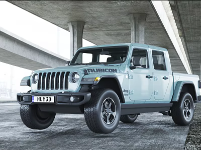 Light Blue Jeep Gladiator Pickup Truck Parked Under Concrete Bridge 3d model