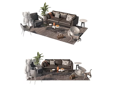 Stylish Sofa And Coffee Table Set In Living Room With Plant Decorative Chairs And Area Rug 3d model