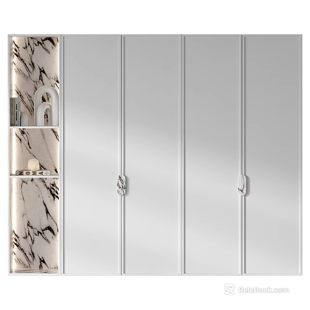 Modern White Entryway Cabinet Sideboard With Sleek Metal Handles And Marble Accent 3d model 