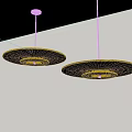 Two Black Circular Pendant Lights Hanging From Light Colored Ceiling With Light Walls 3d model