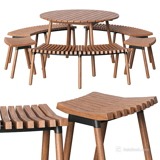 Durable Modern Wooden Outdoor Table With Striped Design And Matching Stools For Garden Patio 3d model 