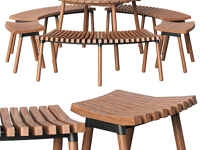 Durable Modern Wooden Outdoor Table With Striped Design And Matching Stools For Garden Patio 3d model