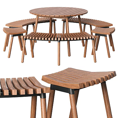 Durable Modern Wooden Outdoor Table With Striped Design And Matching Stools For Garden Patio 3d model