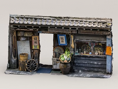 Traditional Japanese Small Shop Exterior With Tiled Roof Wooden Bucket And Vegetables 3d model