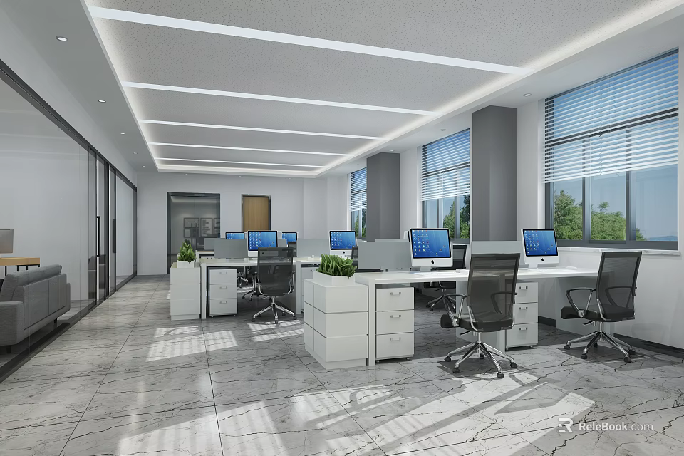 Modern Public Office Area Interior With Workstations Computers Windows Natural Light And Green Plants 3d model