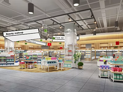 Supermarket Department Store Shopping Area With Product Shelves Beauty Makeup And Bakery Sections 3d model