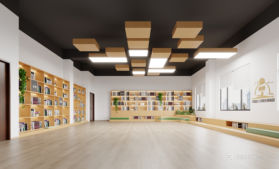 Modern Library Interior With Wooden Bookshelves And Lighting 3d model 