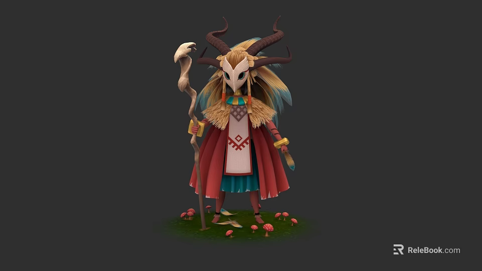 Mystical Horned Character With Skull Mask Red Robe Staff And Mushrooms On Grass 3d model 