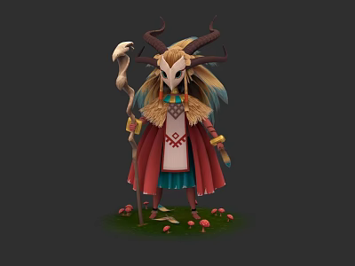 Mystical Horned Character With Skull Mask Red Robe Staff And Mushrooms On Grass 3d model