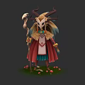 Mystical Horned Character With Skull Mask Red Robe Staff And Mushrooms On Grass