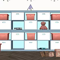 Kids Room Storage Cubby Shelf With Red White Bins Teddy Bear And Blocks