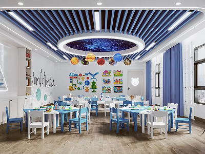 Bright Colorful Kindergarten Classroom With Blue White Tables Chairs Starry Ceiling And Educational Wall Decor 3d model