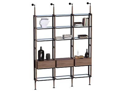 Modern Storage Shelf with Metal Frame Glass Shelves and Wooden Drawers Holding Books Decorative Items 3d model