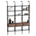 Modern Storage Shelf with Metal Frame Glass Shelves and Wooden Drawers Holding Books Decorative Items