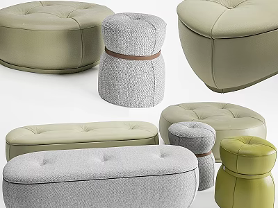 Light Green And Gray Leather Fabric Ottoman Set With Round Oval Shapes And Tufted Design 3d model