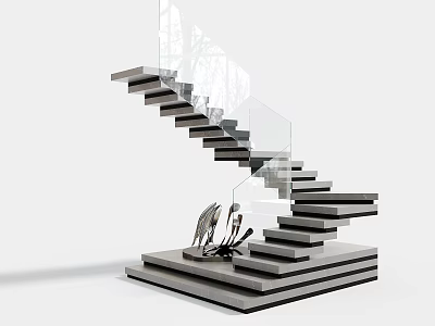 Contemporary Staircase Design With Glass Railing And Concrete Steps In Minimalist Space 3d model