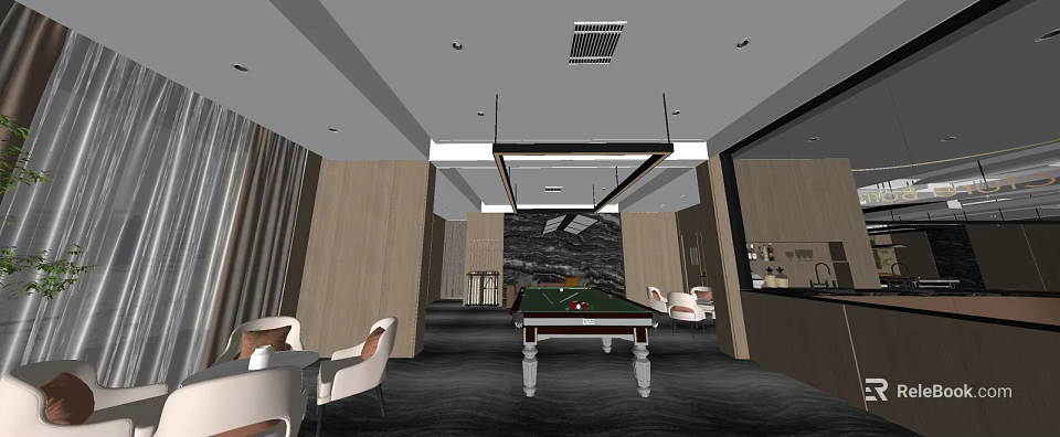Modern Billiard Room Interior With Pool Table Hanging Chandelier And Comfortable Seating 3d model 