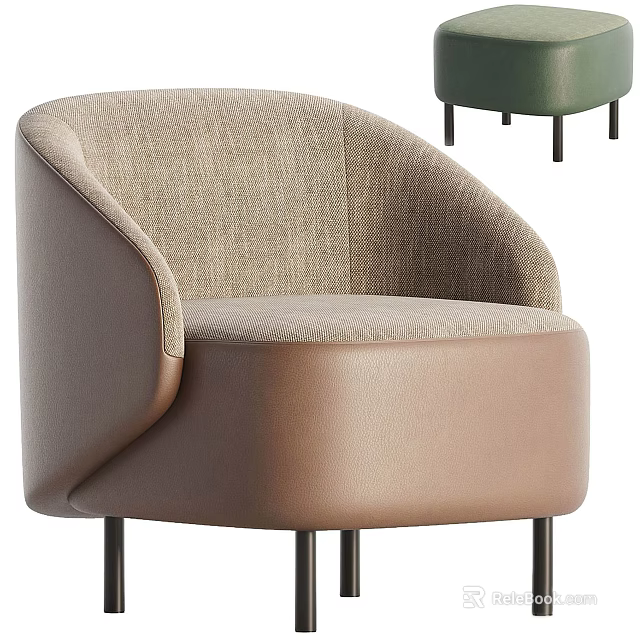Single Sofa With Beige Fabric Backrest Brown Leather Seat Rounded Armrests Black Slim Legs 3d model 