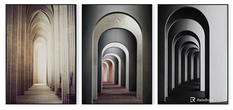 Various Arched Corridors With Decorative Structures And Different Color Tones 3d model 