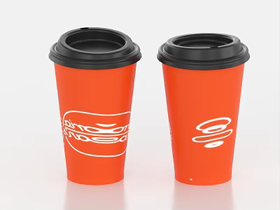 Vibrant Orange Beverage Cups With Black Lids And White Swirl Logos For Takeaway Drinks 3d model