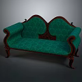 Elegant Teal Two Seater Sofa With Carved Wooden Arms And Floral Patterned Fabric