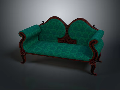 Elegant Teal Two Seater Sofa With Carved Wooden Arms And Floral Patterned Fabric 3d model