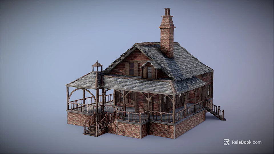 Cartoon Scene Charming Brick House With Wooden Frame Chimney Porch And Stairs 3d model 