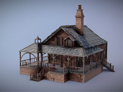 Cartoon Scene Charming Brick House With Wooden Frame Chimney Porch And Stairs 3d model