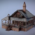 Cartoon Scene Charming Brick House With Wooden Frame Chimney Porch And Stairs