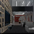 Red Themed Office Interior Design with Banner Desk Chairs Bookshelf and Sofa