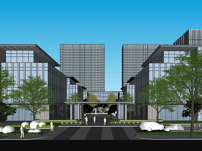 Modern Glass Curtain Wall Office Building With Landscaped Gardens And Pedestrians 3d model