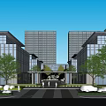 Modern Glass Curtain Wall Office Building With Landscaped Gardens And Pedestrians