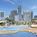 Modern City Waterfront Scenery with Tall Skyscrapers Blue Sky and Boats on Water