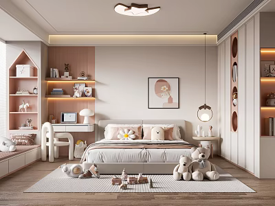 Cozy Modern Kids Room Interior With Wooden Shelves Toys Stuffed Animals And Bed Pillows 3d model