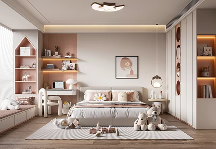 Modern Cream Style Children's Room Daughter Room Children's Double Bed Children's Wardrobe Children's Desk Chair 3d model