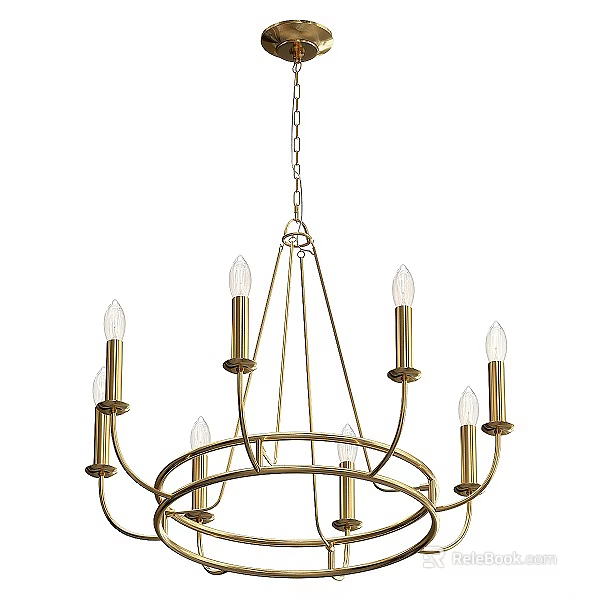 Modern Brass Ring Chandelier With Multiple Candle Shaped Bulbs And Decorative Metal Arms 3d model 
