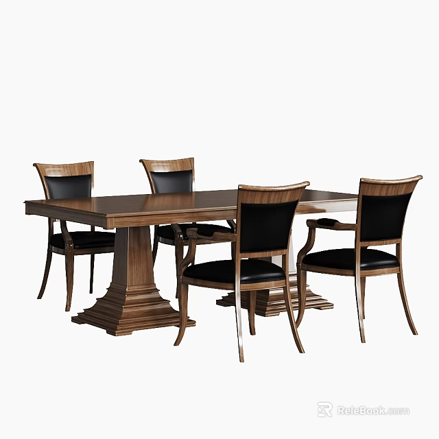 Modern Wooden Dining Table Set With 4 Chairs Black Leather Seats And Solid Wood Base 3d model 