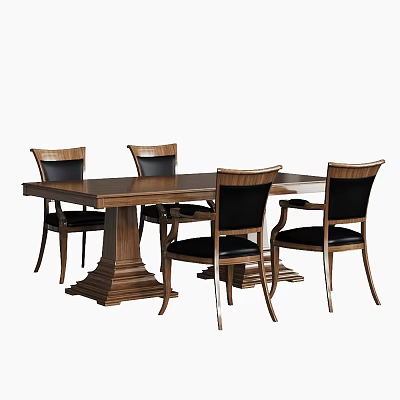 Modern Wooden Dining Table Set With 4 Chairs Black Leather Seats And Solid Wood Base 3d model